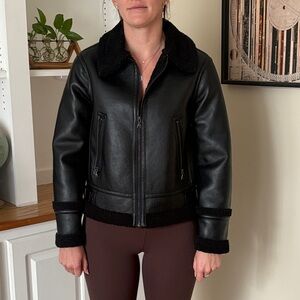 Express Black Leather Jacket with Shearling Trim